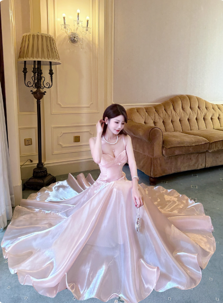 Süßes Prinzessinnen-Pink A-Linien-Spaghettiträger-Satin-langes Ballkleid Abendkleid P4367