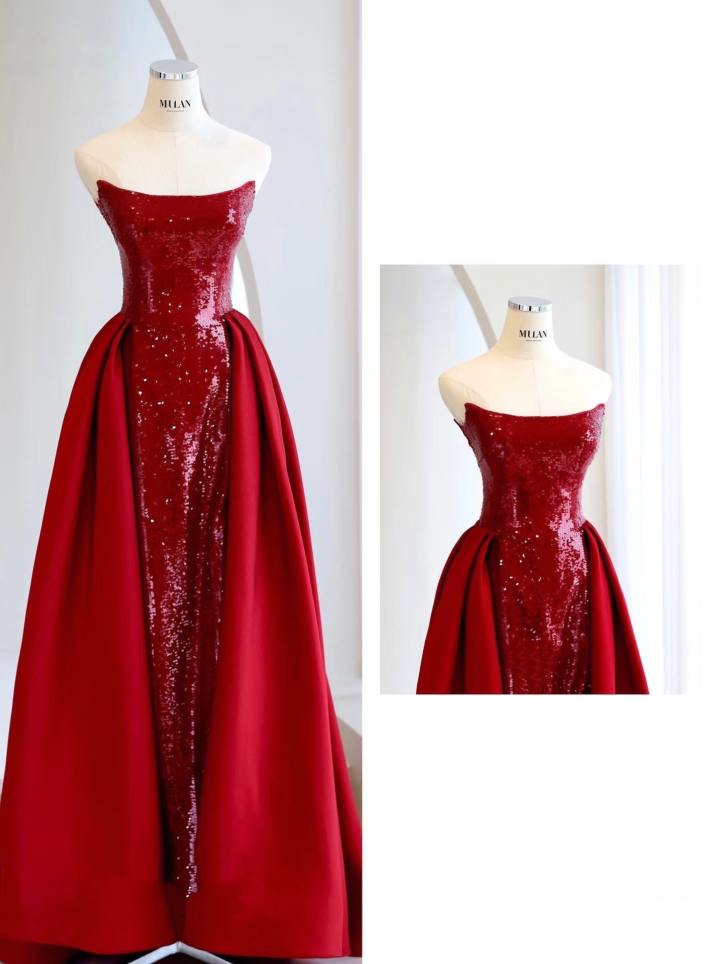 Mermaid Strapless Sequin Red Prom Dresses Long Evening Dress P2026