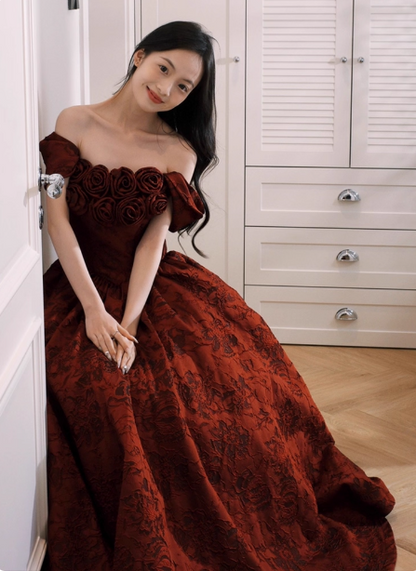 Vintage Rosenburgund Schulterfreies Jacquard-Satin-Ballkleid Abendkleid P4368