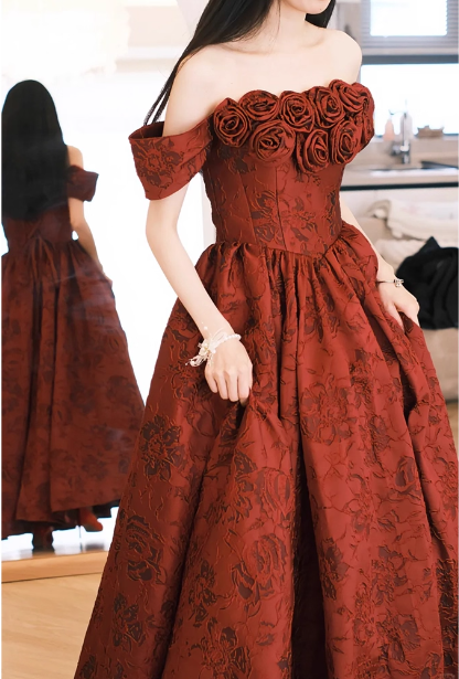 Vintage Rosenburgund Schulterfreies Jacquard-Satin-Ballkleid Abendkleid P4368