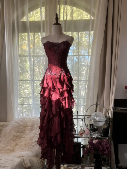 Retro Strapless Grape Purple Fungus Curled Skirt Chiffon Long Prom Dress P3346