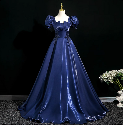Palace Vintage Marineblaues Pailletten besticktes Satin Ballkleid mit Puffärmeln Abendkleid P4371