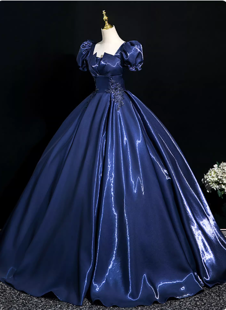 Palace Vintage Marineblaues Pailletten besticktes Satin Ballkleid mit Puffärmeln Abendkleid P4371