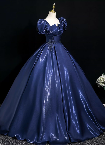 Palace Vintage Marineblaues Pailletten besticktes Satin Ballkleid mit Puffärmeln Abendkleid P4371