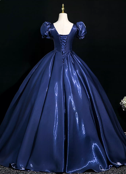 Palace Vintage Marineblaues Pailletten besticktes Satin Ballkleid mit Puffärmeln Abendkleid P4371