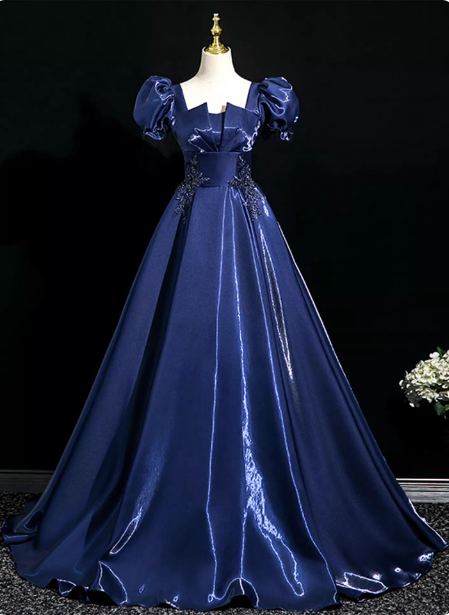 Palace Vintage Marineblaues Pailletten besticktes Satin Ballkleid mit Puffärmeln Abendkleid P4371