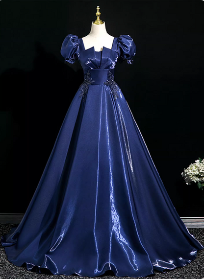 Palace Vintage Marineblaues Pailletten besticktes Satin Ballkleid mit Puffärmeln Abendkleid P4371