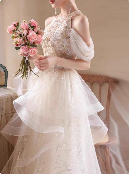 Prinzessin A-Linie Neckholder Pailletten Bestickt Gestufter Tüll Langes Ballkleid Abendkleid P4372