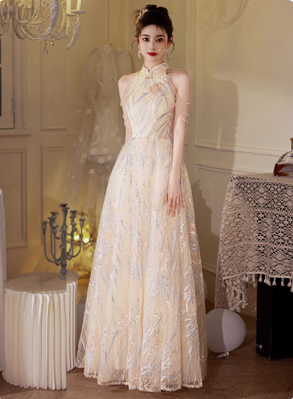 Elegantes cremefarbenes Aprikosen A-Linien-Kleid mit Neckholder, Paillettenstickerei, Perlenfransen und Tüll, langes Ballkleid Abendkleid P4373