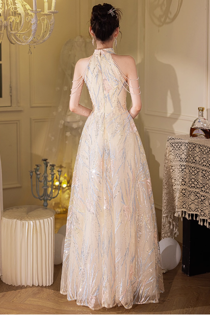 Elegantes cremefarbenes Aprikosen A-Linien-Kleid mit Neckholder, Paillettenstickerei, Perlenfransen und Tüll, langes Ballkleid Abendkleid P4373