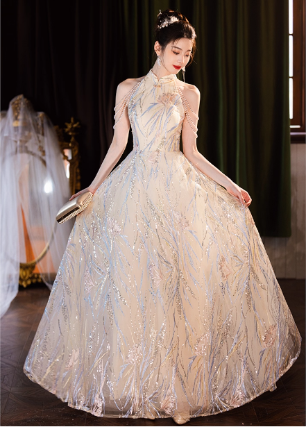 Elegantes cremefarbenes Aprikosen A-Linien-Kleid mit Neckholder, Paillettenstickerei, Perlenfransen und Tüll, langes Ballkleid Abendkleid P4373