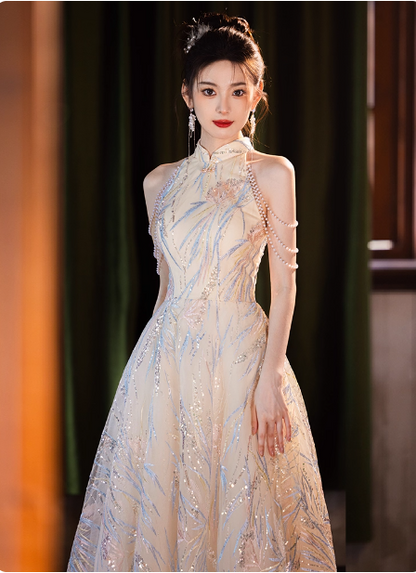 Elegantes cremefarbenes Aprikosen A-Linien-Kleid mit Neckholder, Paillettenstickerei, Perlenfransen und Tüll, langes Ballkleid Abendkleid P4373