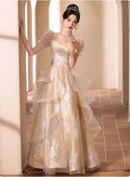 Prinzessin Champagner Gold A-Linie Bestickter Tüll Langes Ballkleid Abendkleid P4374