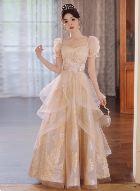 Prinzessin Champagner Gold A-Linie Bestickter Tüll Langes Ballkleid Abendkleid P4374