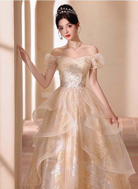 Prinzessin Champagner Gold A-Linie Bestickter Tüll Langes Ballkleid Abendkleid P4374