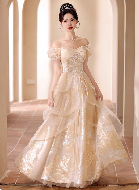 Prinzessin Champagner Gold A-Linie Bestickter Tüll Langes Ballkleid Abendkleid P4374