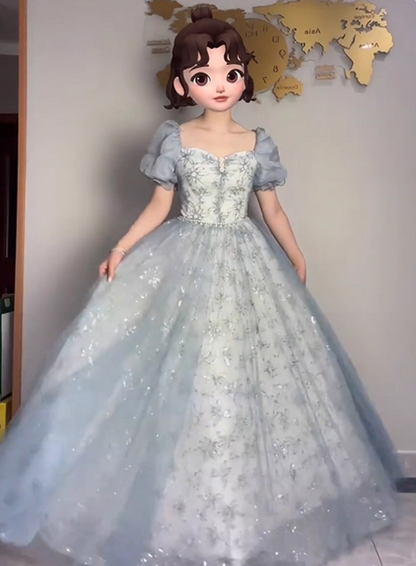 Prinzessin Hellblau Puffärmel Besticktes Pailletten Tüll Langes Ballkleid Abendkleid P4375