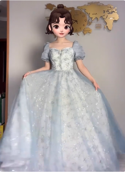 Prinzessin Hellblau Puffärmel Besticktes Pailletten Tüll Langes Ballkleid Abendkleid P4375