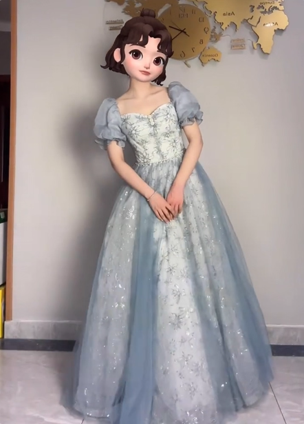 Prinzessin Hellblau Puffärmel Besticktes Pailletten Tüll Langes Ballkleid Abendkleid P4375