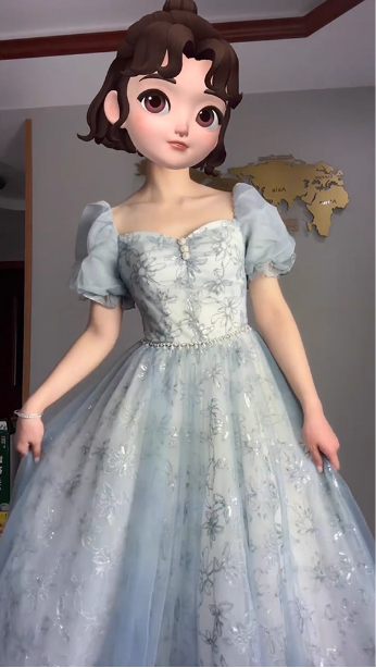 Prinzessin Hellblau Puffärmel Besticktes Pailletten Tüll Langes Ballkleid Abendkleid P4375