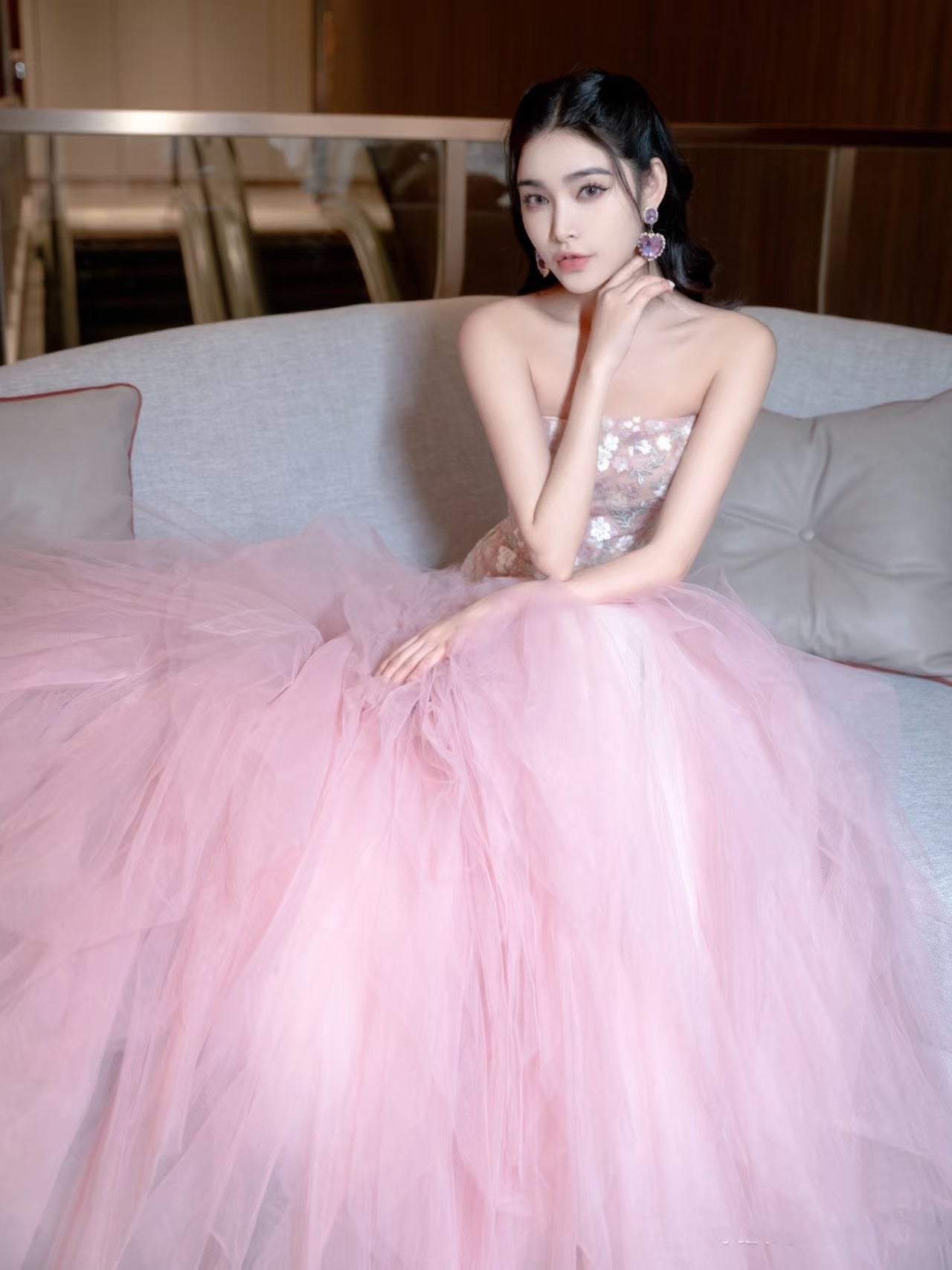 Robe de bal de luxe bustier en tulle rose longue robe de bal P1720