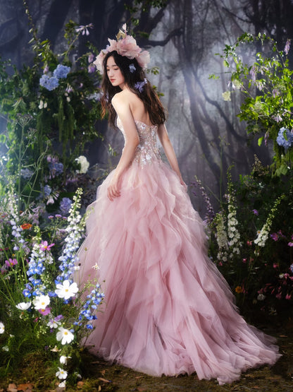 Robe de bal de luxe bustier en tulle rose longue robe de bal P1720