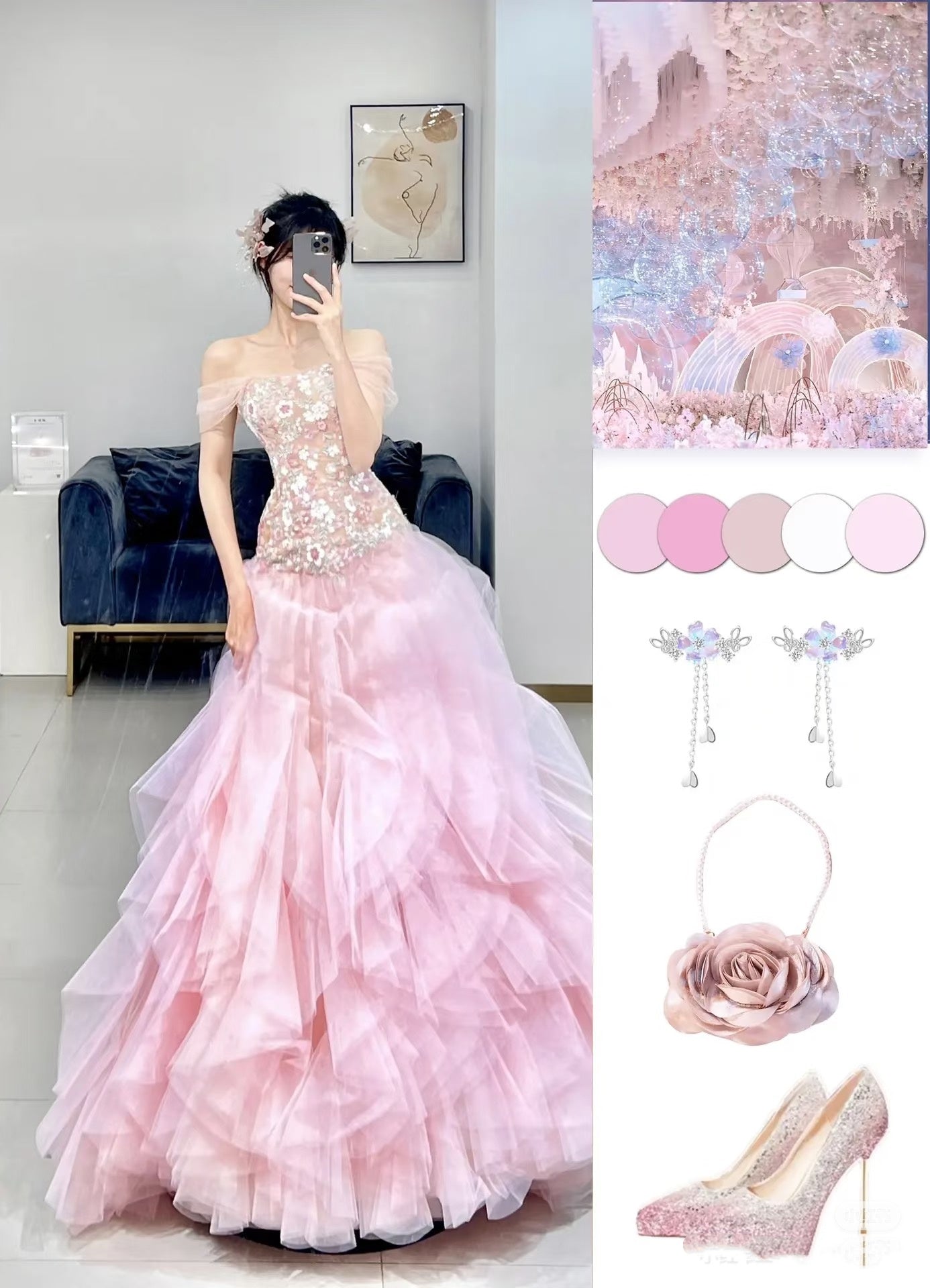 Robe de bal de luxe bustier en tulle rose longue robe de bal P1720
