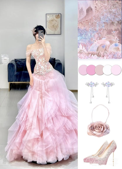Robe de bal de luxe bustier en tulle rose longue robe de bal P1720