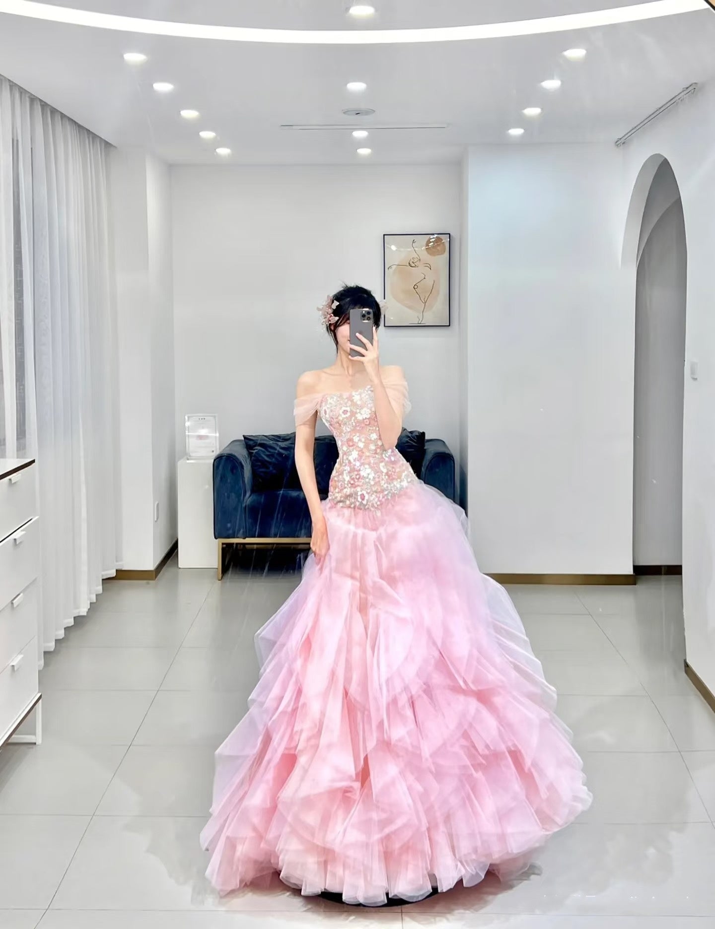 Robe de bal de luxe bustier en tulle rose longue robe de bal P1720