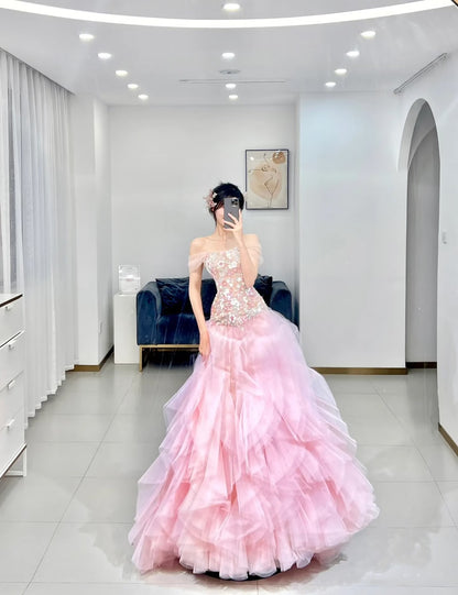 Robe de bal de luxe bustier en tulle rose longue robe de bal P1720