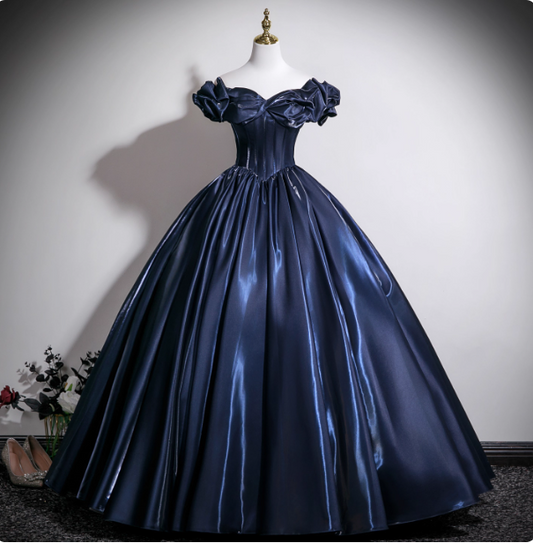 Robe de soirée bustier en satin bleu marine vintage avec épaules dénudées, robe de bal, robe de Sweet 16 P4379