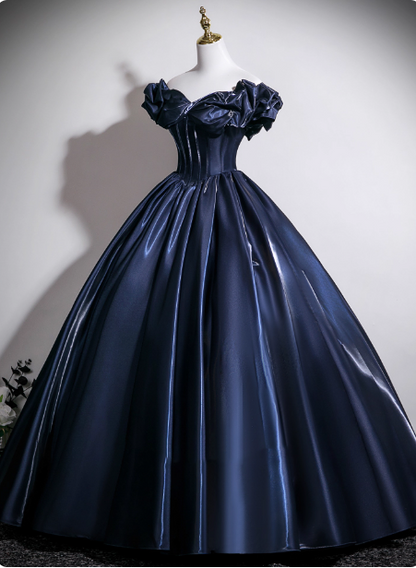 Vintage Marineblaues schulterfreies Satin Ballkleid Abendkleid Sweet 16 Kleid P4379