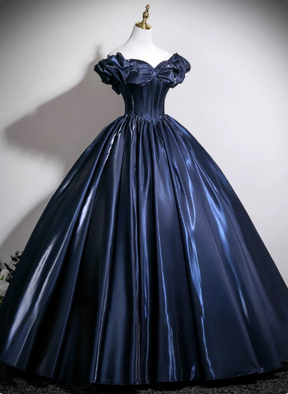 Vintage Marineblaues schulterfreies Satin Ballkleid Abendkleid Sweet 16 Kleid P4379