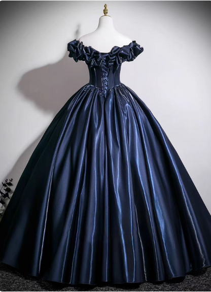 Vintage Marineblaues schulterfreies Satin Ballkleid Abendkleid Sweet 16 Kleid P4379