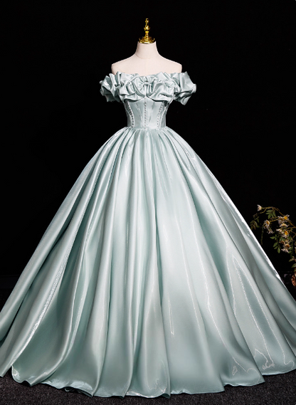 Elegantes mintgrünes schulterfreies Satin-Ballkleid Abendkleid Sweet 16 Kleid P4380