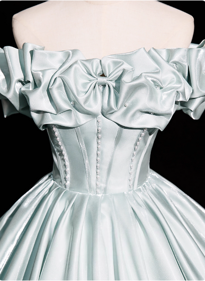 Elegantes mintgrünes schulterfreies Satin-Ballkleid Abendkleid Sweet 16 Kleid P4380
