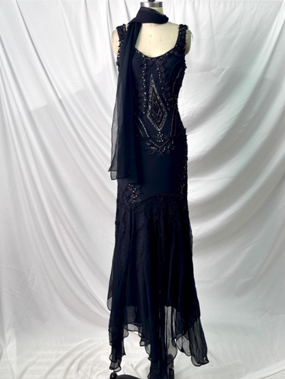 Vintage Eleganter Schwarzer Meerjungfrauen-Abendkleid mit asymmetrischem Saum und Perlenverzierung aus Chiffon P4383