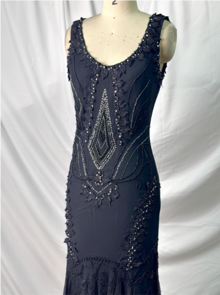 Vintage Eleganter Schwarzer Meerjungfrauen-Abendkleid mit asymmetrischem Saum und Perlenverzierung aus Chiffon P4383