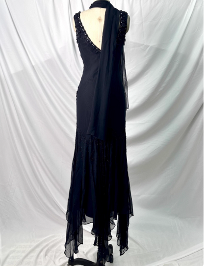Vintage Eleganter Schwarzer Meerjungfrauen-Abendkleid mit asymmetrischem Saum und Perlenverzierung aus Chiffon P4383