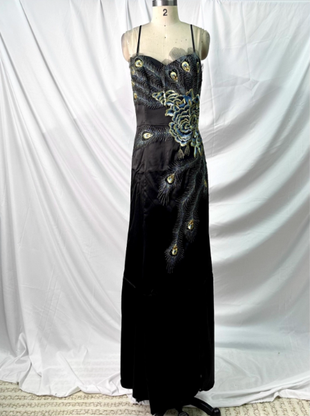 Vintage Schwarzes Pfauenfeder Besticktes Schmal Geschnittenes Satin Langes Ballkleid Abendkleid P4384