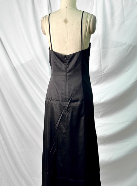 Vintage Schwarzes Pfauenfeder Besticktes Schmal Geschnittenes Satin Langes Ballkleid Abendkleid P4384