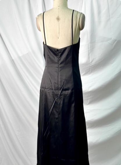 Vintage Schwarzes Pfauenfeder Besticktes Schmal Geschnittenes Satin Langes Ballkleid Abendkleid P4384