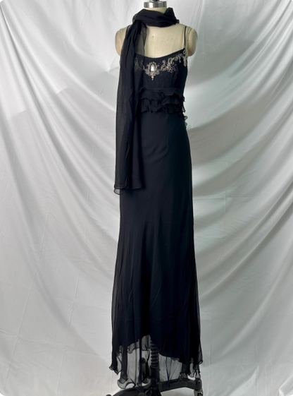 Elegantes Vintage Schwarzes Meerjungfrau Abendkleid mit dünnen Trägern und Stickereien aus Chiffon P4385