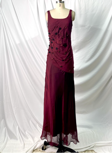 Vintage Burgund 3D Perlenblumen Quadratischer Ausschnitt Chiffon Langes Ballkleid Abendkleid P4386