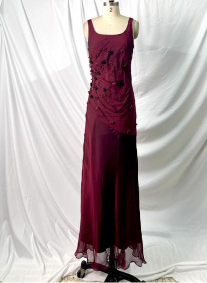 Vintage Burgund 3D Perlenblumen Quadratischer Ausschnitt Chiffon Langes Ballkleid Abendkleid P4386