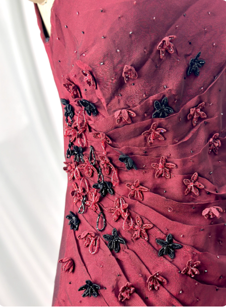 Vintage Burgund 3D Perlenblumen Quadratischer Ausschnitt Chiffon Langes Ballkleid Abendkleid P4386