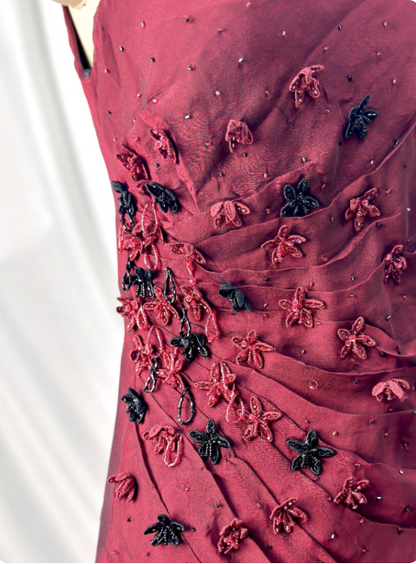 Vintage Burgund 3D Perlenblumen Quadratischer Ausschnitt Chiffon Langes Ballkleid Abendkleid P4386