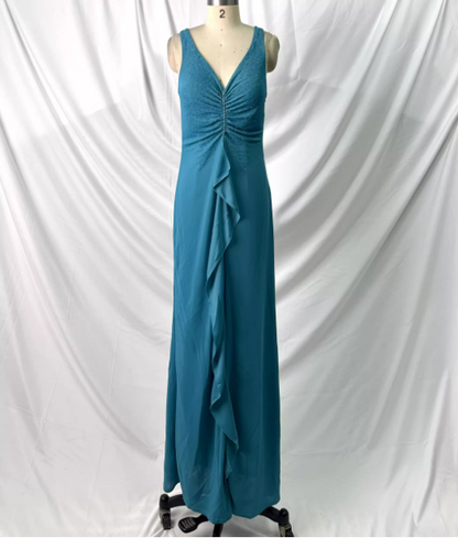Elegantes tealfarbenes, perlenbesetztes Chiffon-Abendkleid mit V-Ausschnitt und Rüschen, langes Ballkleid P4388