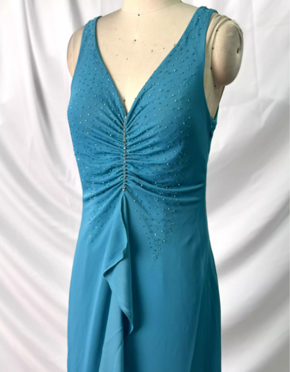 Elegantes tealfarbenes, perlenbesetztes Chiffon-Abendkleid mit V-Ausschnitt und Rüschen, langes Ballkleid P4388