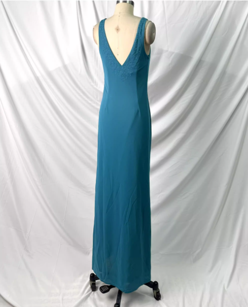 Elegantes tealfarbenes, perlenbesetztes Chiffon-Abendkleid mit V-Ausschnitt und Rüschen, langes Ballkleid P4388